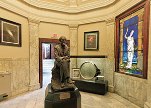 In the lobby, visitors can view a statue of John Brashear, the original lens of the Thaw Refractor, and a stained-glass window of Urania, the Greek goddess of astronomy.
