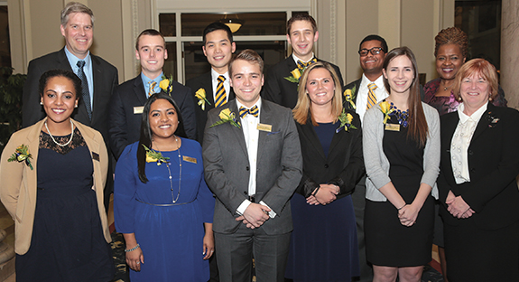 Pitt’s new Student Government Board was recently inaugurated. The board’s term of service will end with the completion of the spring 2016 semester. Pictured in top row, from left, are Chancellor Patrick Gallagher; Jack Heidecker; Jacky Chen; Matthew Sykes, vice president and chief of finance; Everett Green; and Senior Vice Chancellor for Engagement Kathy Humphrey. In bottom row, from left, are Lia Petrose; Nasreen Harun, executive vice president; Graeme Meyer, president; Meghan Murphy; Natalie Dall, vice president and chief of cabinet; and Provost and Senior Vice Chancellor Patricia E. Beeson. 