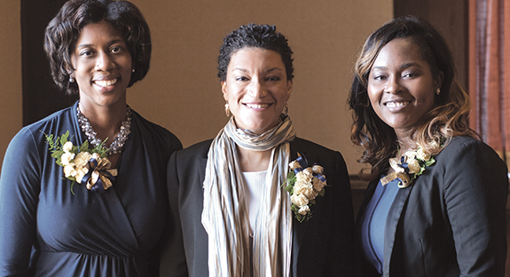 Pitt’s African American Alumni Council (AAAC) honored three alumnae with the Rising African American Leader Award during the Oct. 26 AAAC Farewell Brunch and Awards Reception, which was held over Homecoming weekend. The award recognizes alumni who are younger than 40 years old for their professional achievements and community service work. The honorees, from left, were Marita Garrett (A&S ’07), Jessica Robinson (GSPIA ’06), and LaTrenda Leonard (SHRS ’09). Photo by Emily O'Donnell.