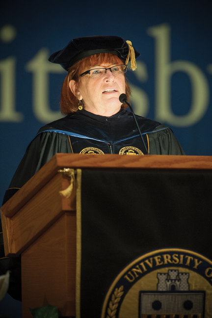 Pitt Provost and Senior Vice Chancellor Patricia E. Beeson address students during Aug. 22 Freshman Convocation in the Petersen Events Center.