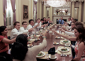 Student-body presidents from 11 ACC schools gathered at Pitt over Labor Day weekend to exchange leadership ideas and information. Above, the group shares lunch in the Cathedral of Learning’s Croghan-Schenley Room on Sept. 2.  