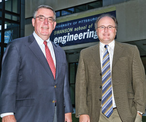 Among the initiators of Pitt’s formalized energy research activities were Pitt’s U.S. Steel Dean of Engineering Gerald D. Holder (left),  and Brian Gleeson, Harry S. Tack Chair and Professor of Materials Engineering in Pitt’s Department of Mechanical Engineering and Materials Science. Their efforts, along with an initiative led by the Office of the Provost, eventually resulted in the 2008 creation of Pitt’s Center for Energy, housed in the Swanson School of Engineering and directed by Gleeson. Associate directors are Laura Schaefer, a professor of engineering in the Department of Mechanical Engineering, and Gregory Reed, a professor of electric power engineering in the Department of Electrical and Computer Engineering.
