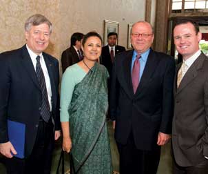 From left, Pitt Chancellor Mark A. Nordenberg, Ambassador of India to the United States Meera Shankar, Carnegie Mellon University President Jared L. Cohon, and Pittsburgh Mayor Luke Ravenstahl.