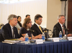 Addressing the committee on Pitt’s role as a provider of high-quality higher education were (from left) Chancellor Nordenberg; Molly Stieber (A&S ’13), president of Pitt’s Student Government Board; Graham Hatfull, Eberly Family Professor and Howard Hughes Medical Institute Professor; and Stephen Tritch ((ENGR ’71, MBA ’77), chair of the Pitt Board of Trustees.