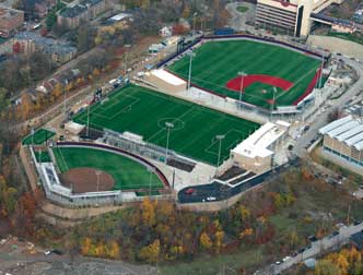 The fields of Pitt’s new Petersen Sports Complex are finished, ready for players and their cleats. The $27.8 million project houses three NCAA regulation competition venues for (from bottom left) women’s softball, men’s and women’s soccer, and men’s baseball. The complex is built on 12 acres at the peak of Pitt’s upper campus; all three fields have artificial-turf playing surfaces, broadcast-quality sports lighting, scoreboards, and press boxes. Despite icy winds and the snowy winter blanket outside now, the complex will host its first official baseball game in less than a month, when the Panthers take the field against the IPFW (Indiana University—Purdue University Fort Wayne) Mastadons at  3 p.m. Feb. 25. Weather permitting, of course.